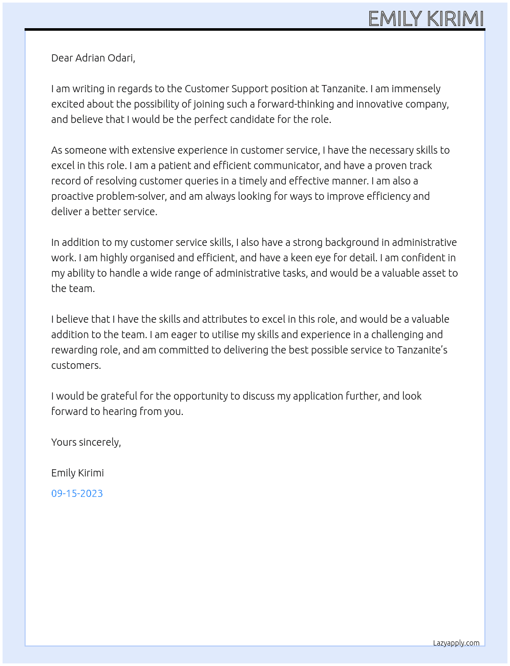 Customer Spport At Tanzanite Cover Letter