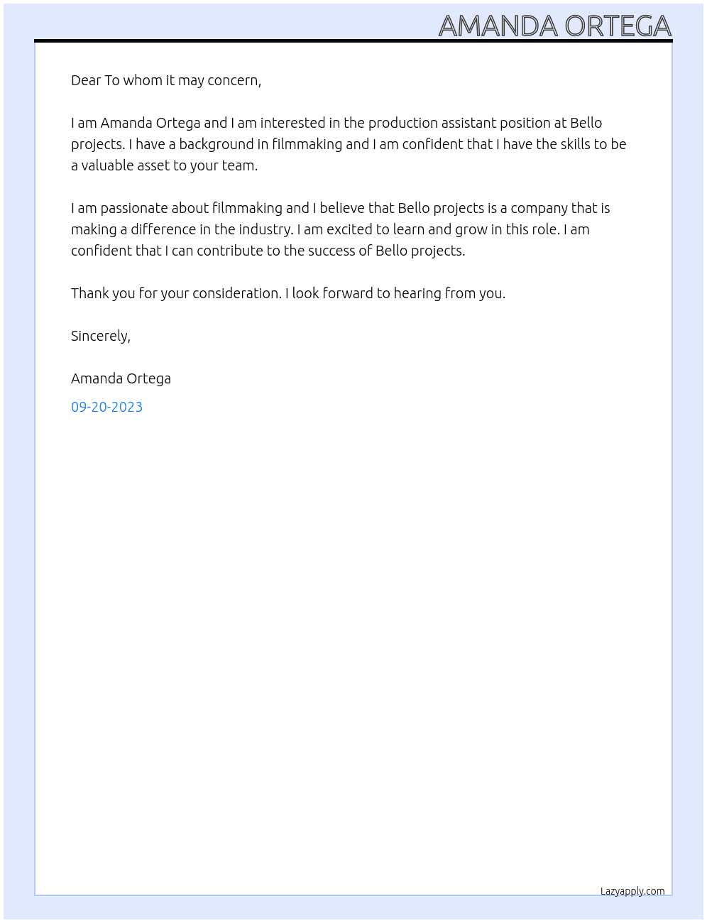 Production Assistant At Bello projects Cover Letter