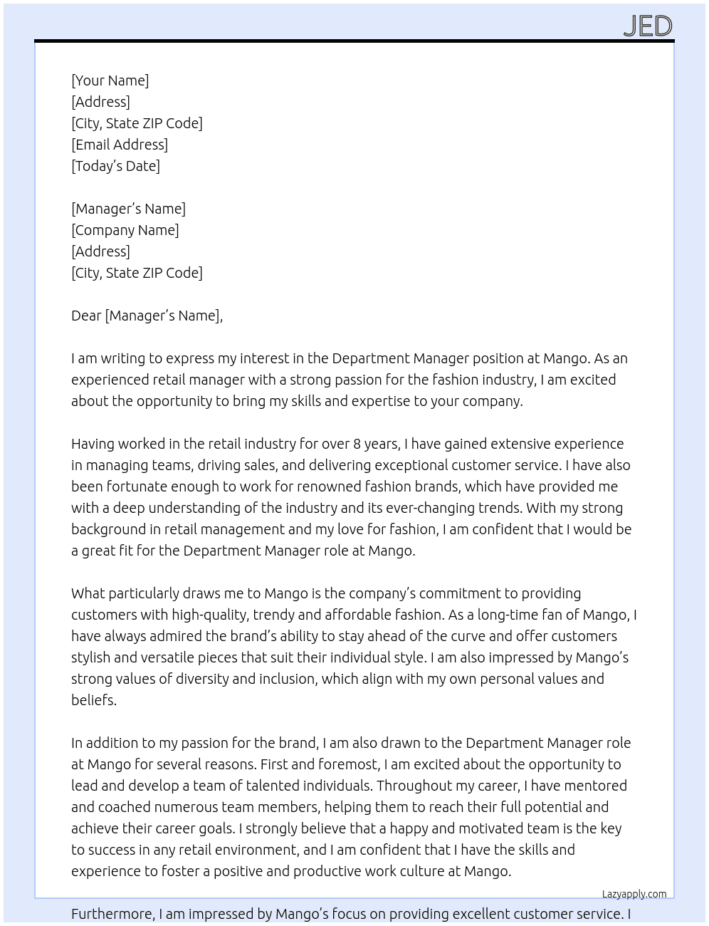 department manager At mango Cover Letter