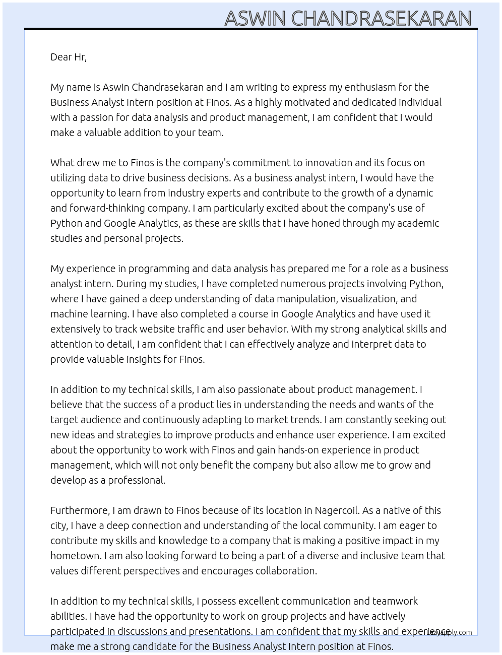 Business analyst intern  At Finos Cover Letter