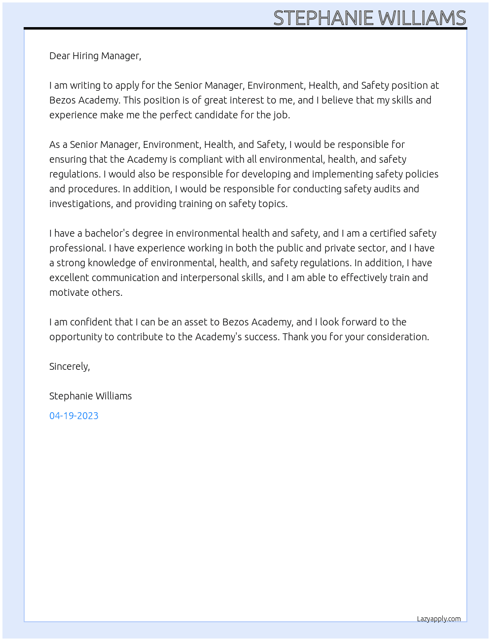 Senior Manager, Environment, Health, and Safety  At Bezos Academy Cover Letter