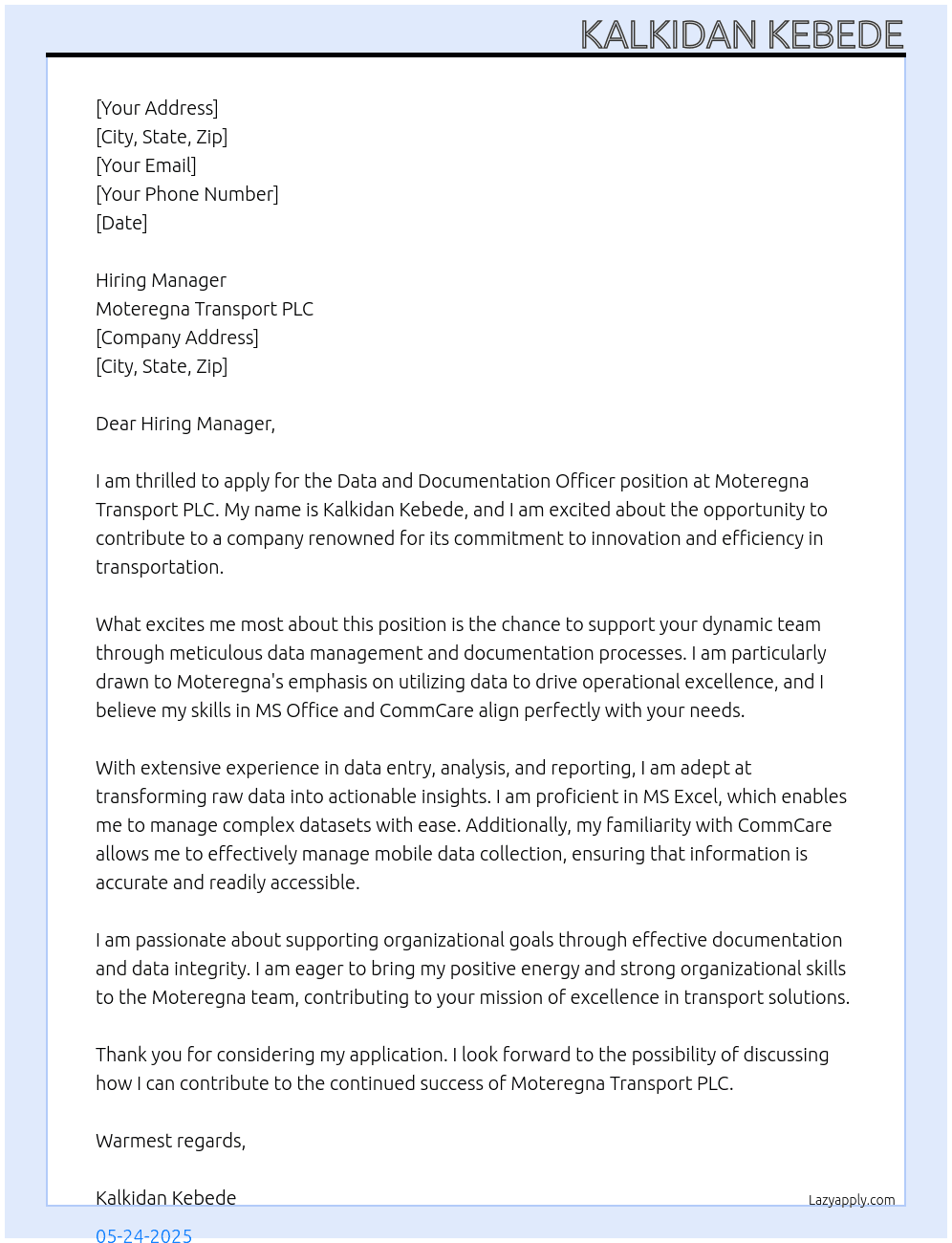 Cover letter for data and documentation officer - LazyApply