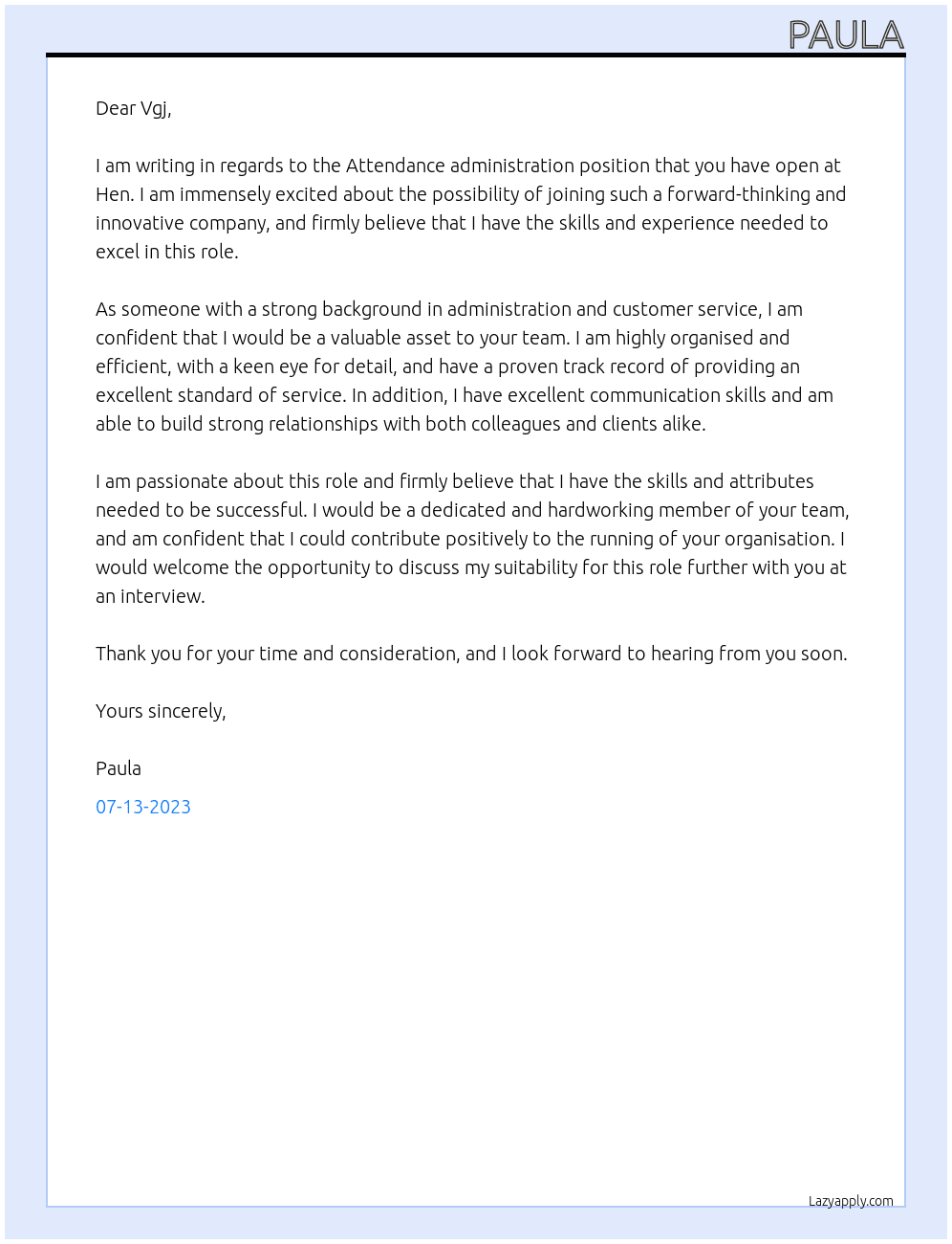 Attendance administration  At Hen Cover Letter