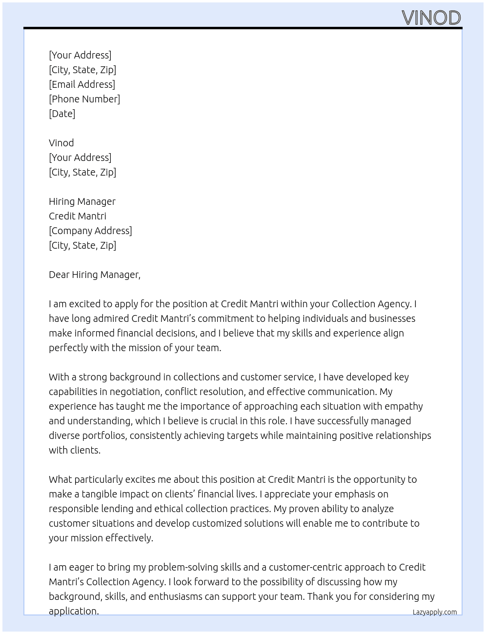 Collection agency  At Credit mantri  Cover Letter