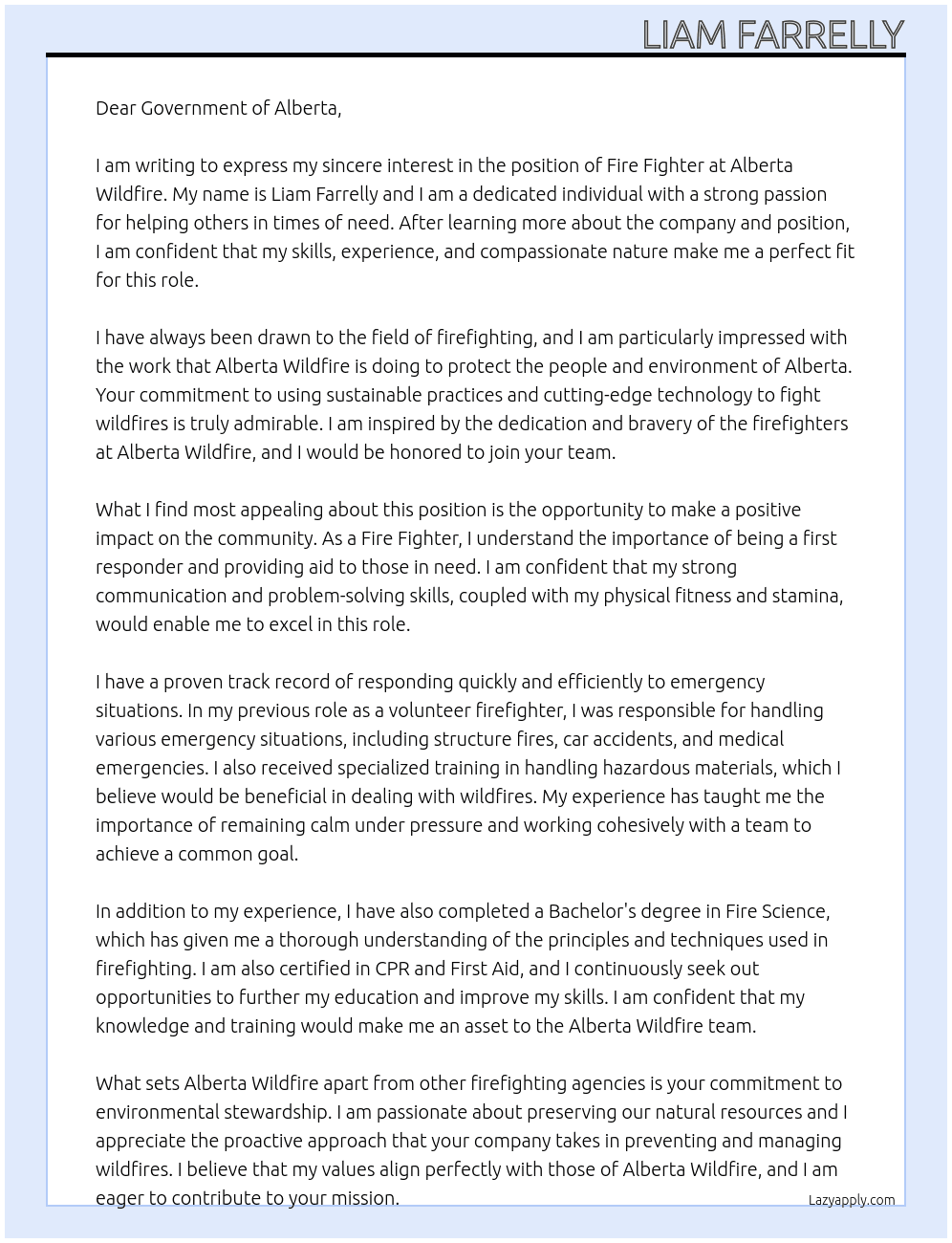 FIRE FIGHTER At Alberta Wildfire Cover Letter