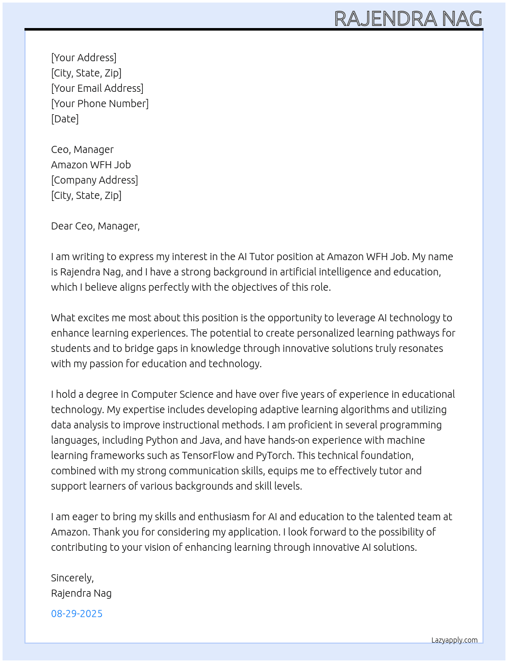 Ai Tutor At Amazon WFH Job Cover Letter