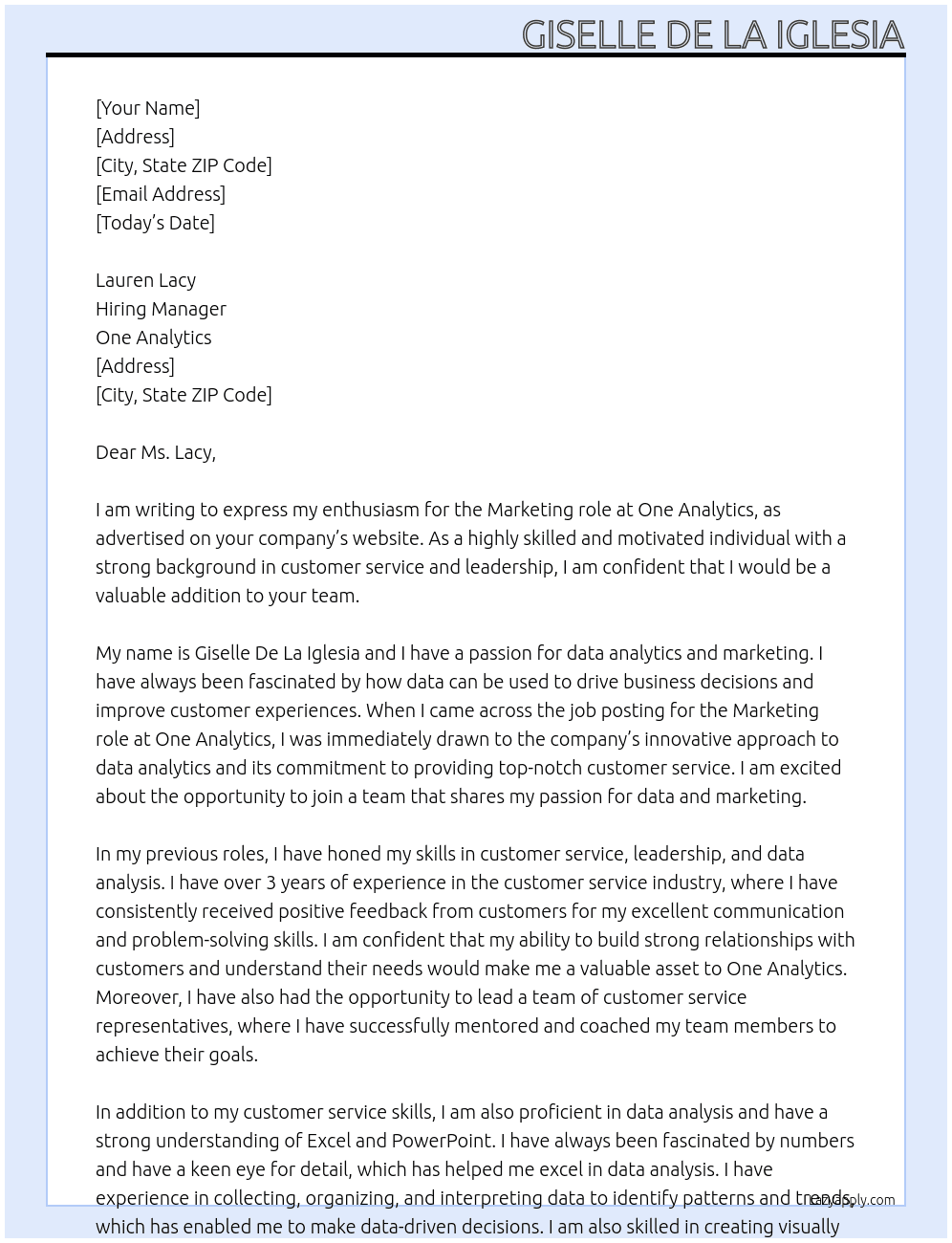 Marketing At One Analytics Cover Letter