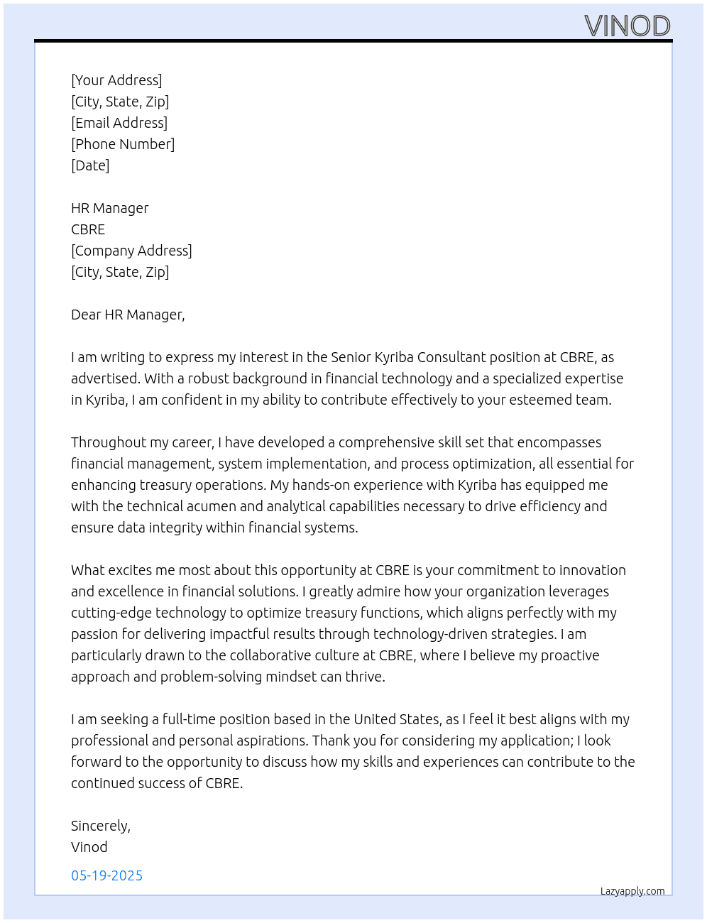 Senior Kyriba Consutlant At CBRE Cover Letter