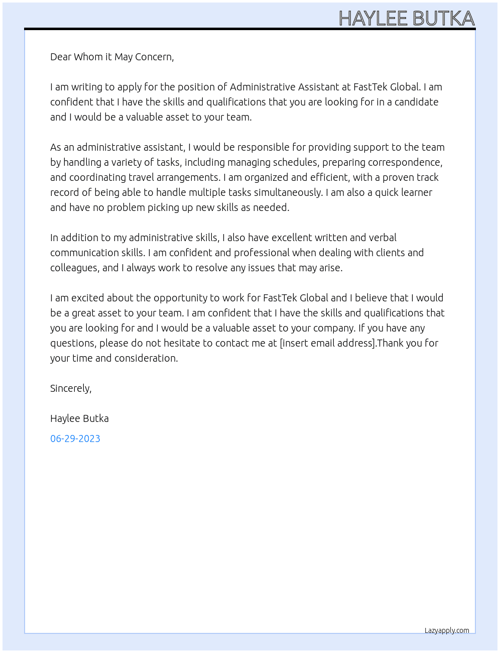 Administrative Assistant At FastTek Global  Cover Letter