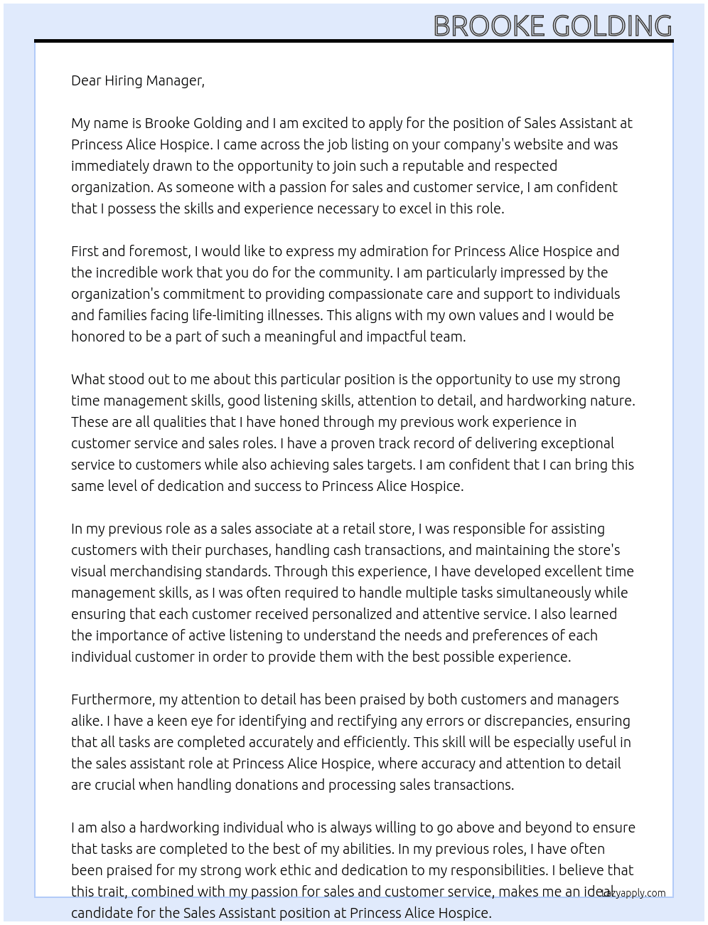 Sales Assistant  At Princess Alice Hospice Cover Letter