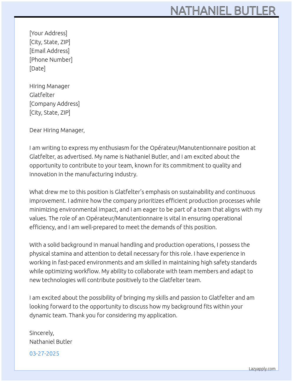 Opérateur/Manutentionnaire At Glatfelter Cover Letter