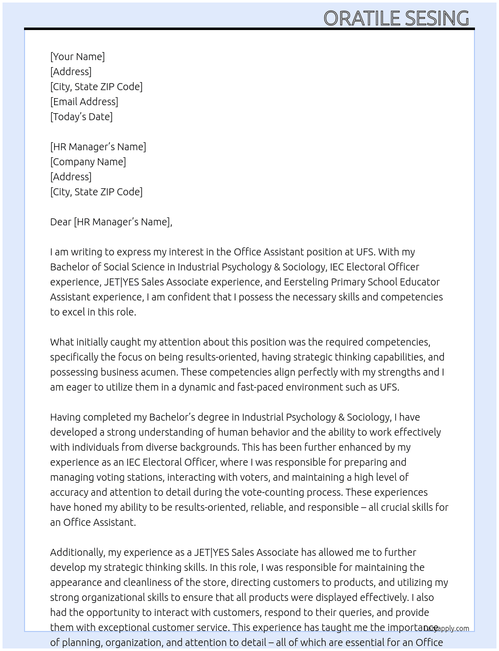 office assistant  At ufs Cover Letter