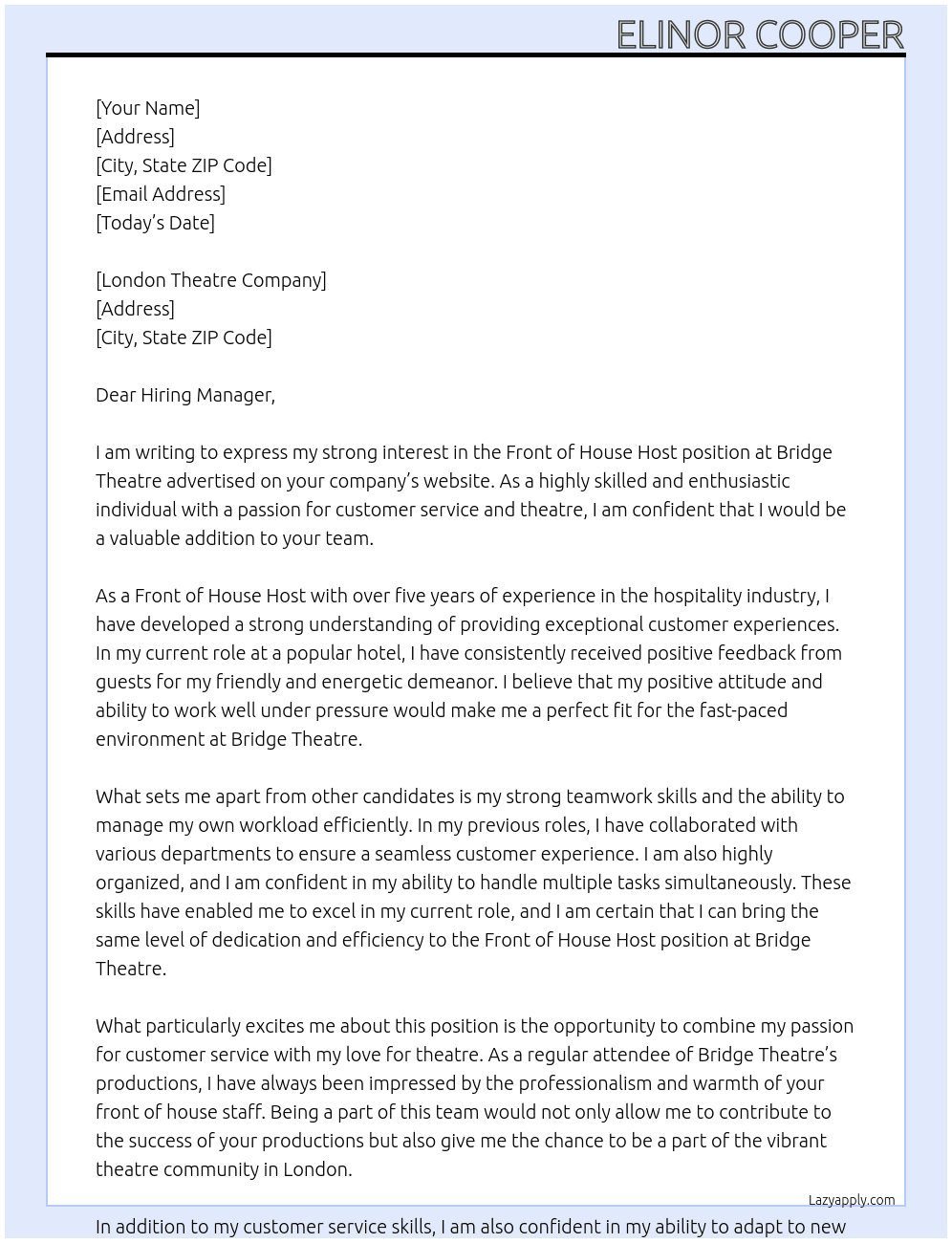 Front Of House Host At Bridge Theatre  Cover Letter