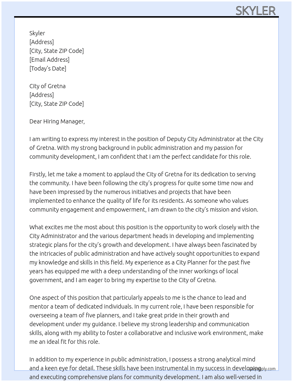 Deputy City Administrator At Gretna  Cover Letter