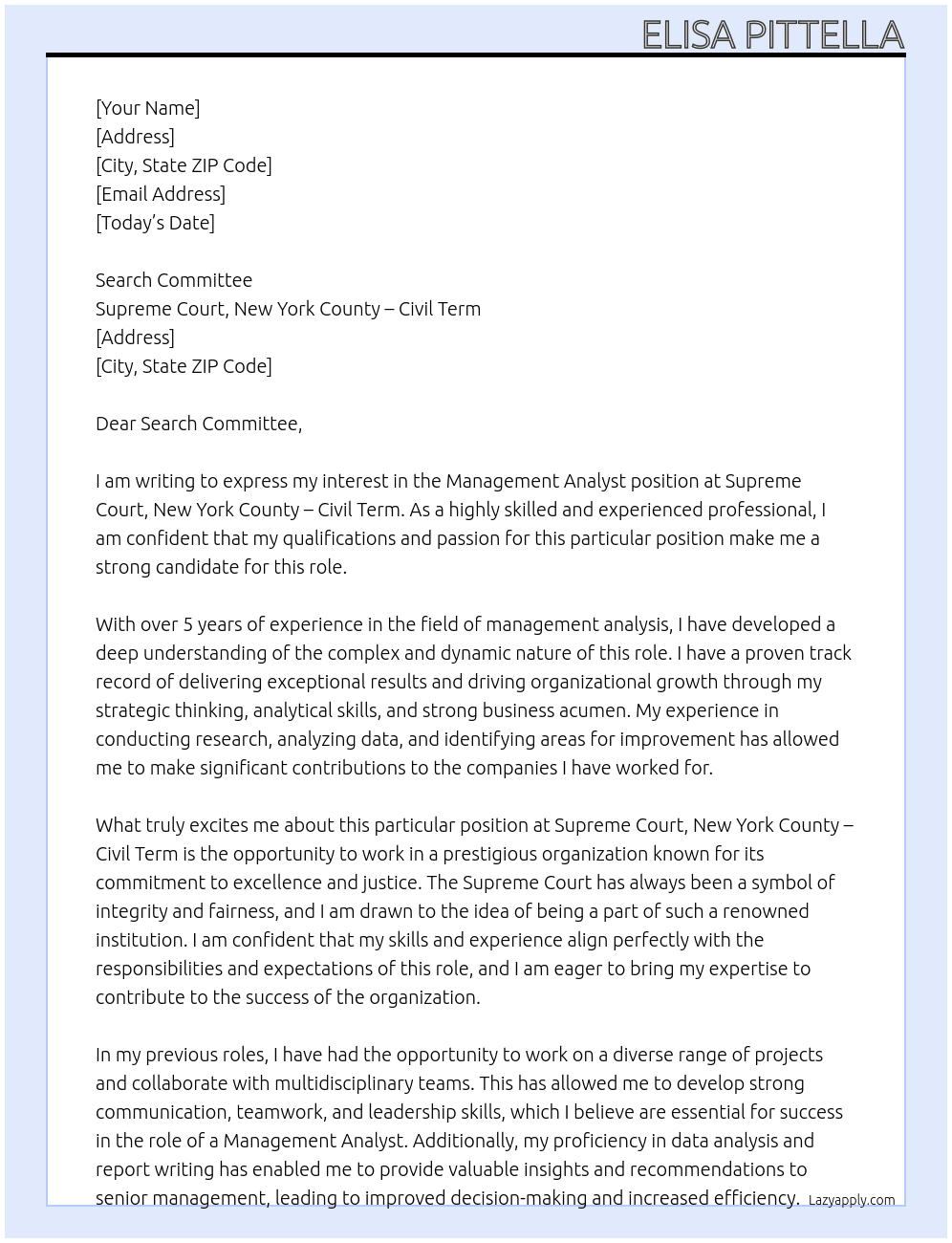 MANAGEMENT ANALYST At SUPREME COURT, NEW YORK COUNTY – CIVIL TERM Cover Letter