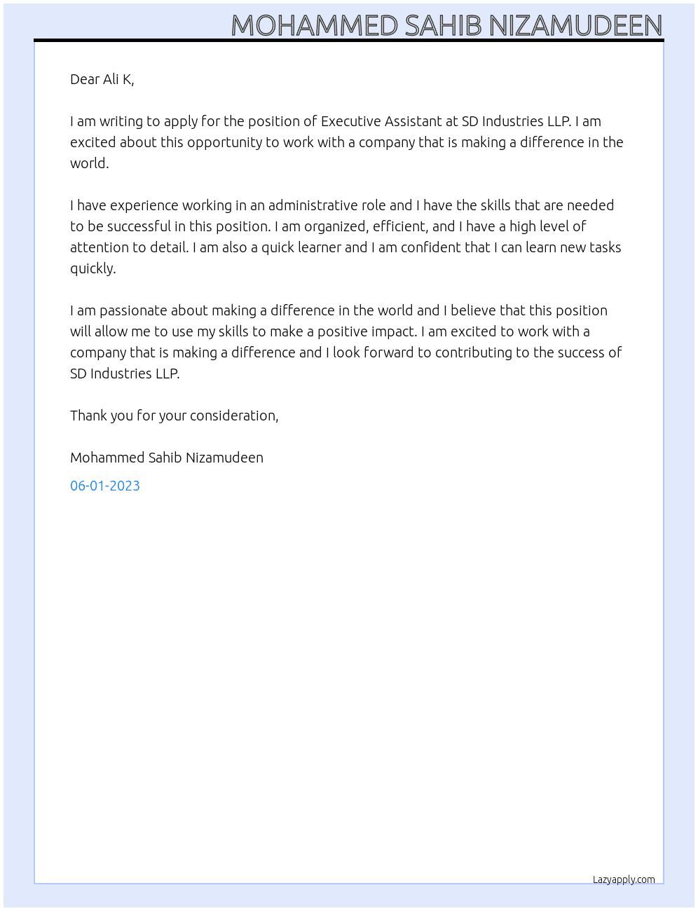 Executive Assistant At SD Industries LLP Cover Letter