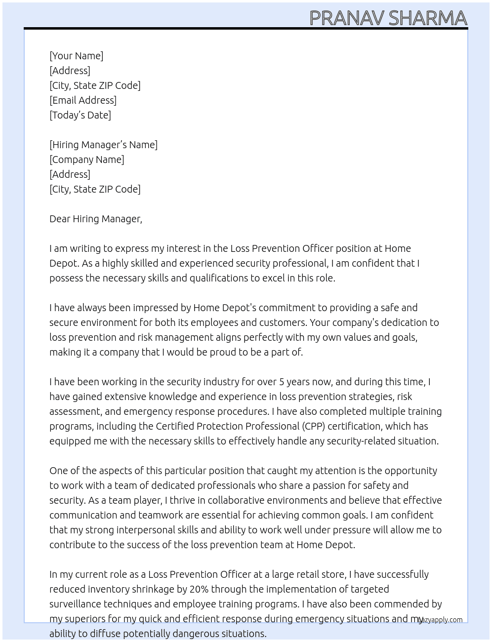 Loss prevention officer At Home Depot  Cover Letter
