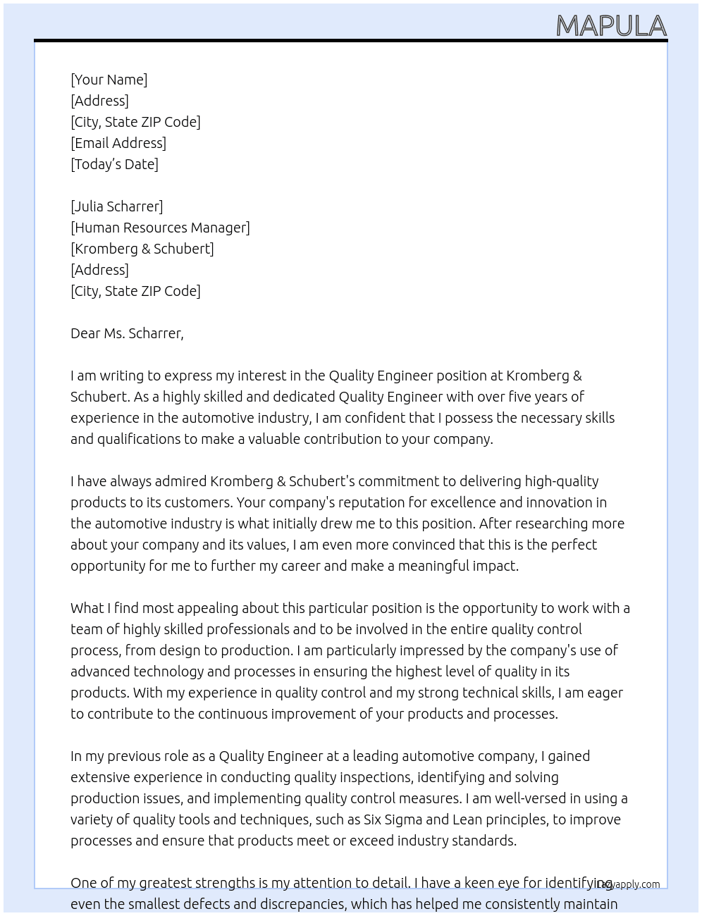 Quality Engineer At Kromberg & Schubert Cover Letter