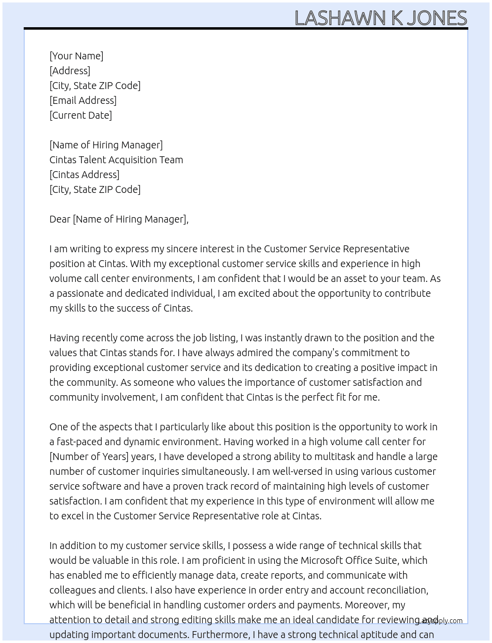 Customer Service Representative At Cintas Cover Letter