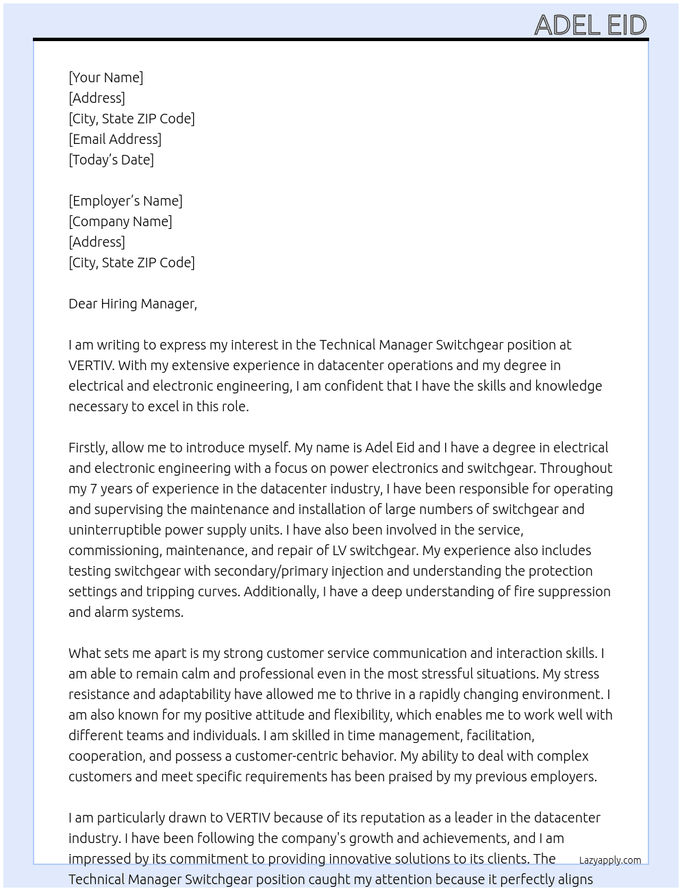 Technical Manager Switchgear At VERTIV Cover Letter