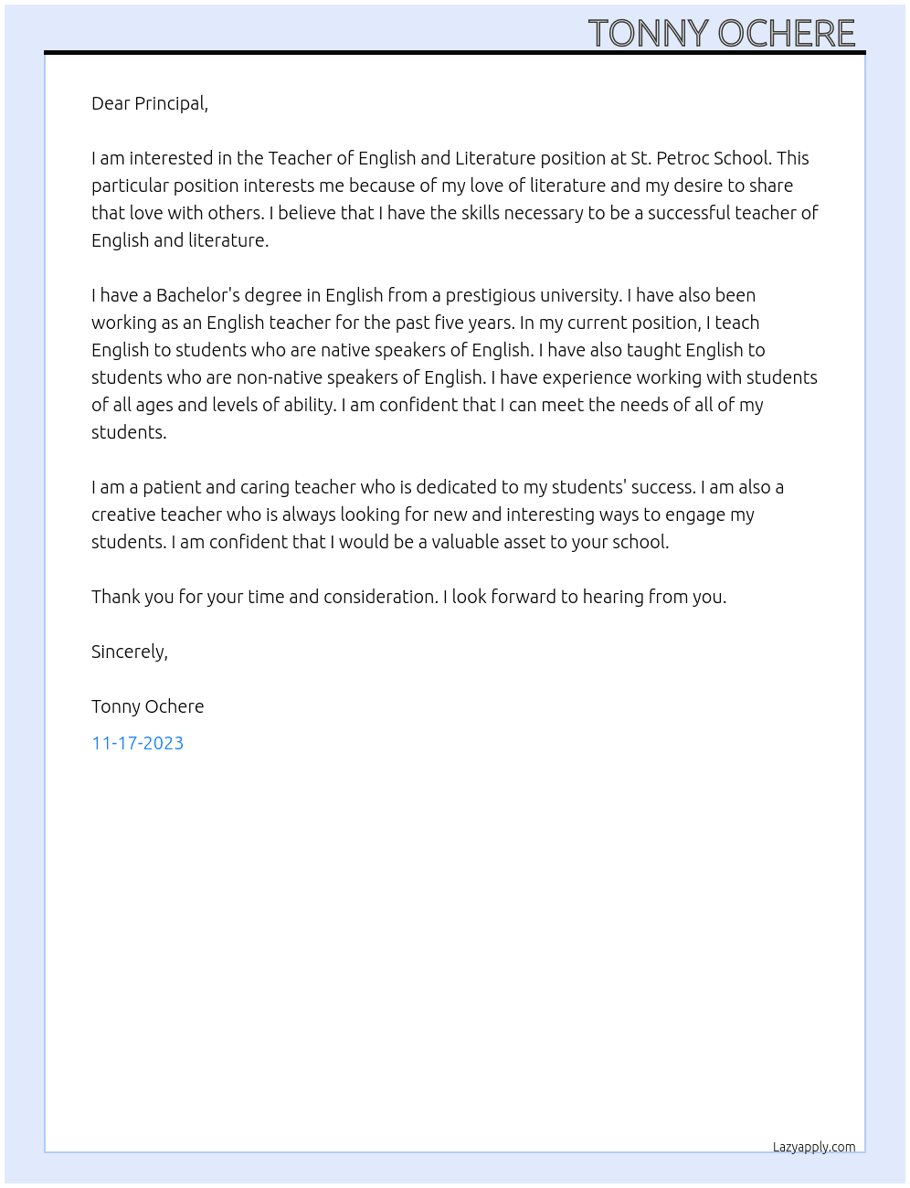 Teacher of English and Literature  At St. Petroc School  Cover Letter