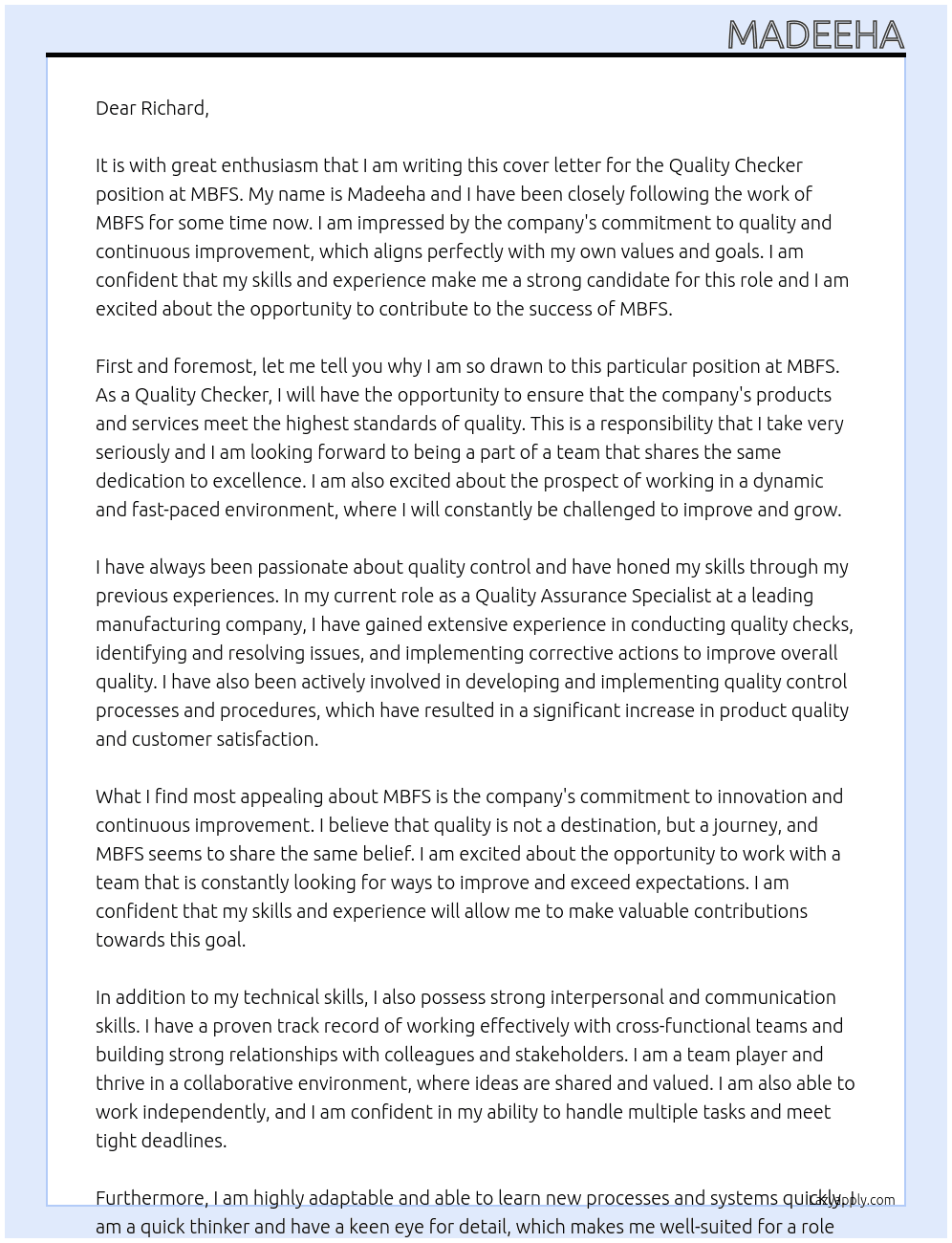 Quality Checker At MBFS Cover Letter