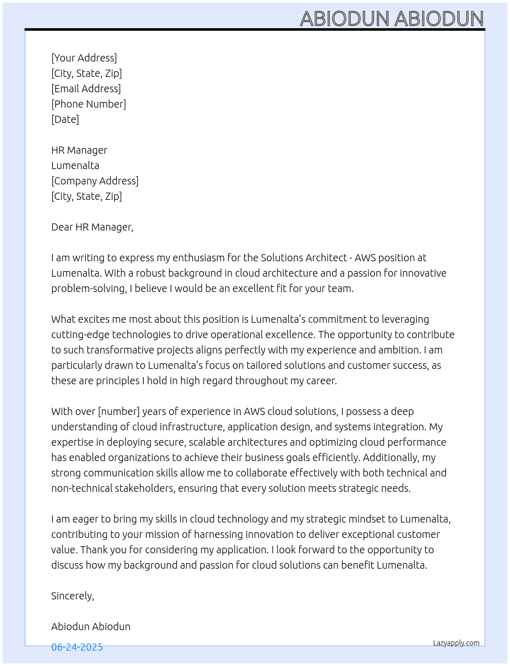 Cover letter for solutions architect - aws - LazyApply
