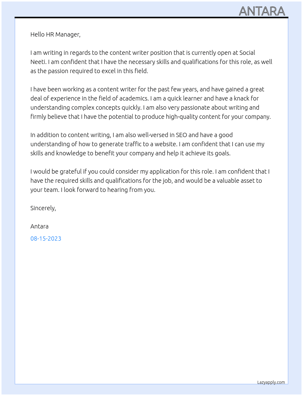 Content Writer At Social Neeti Cover Letter