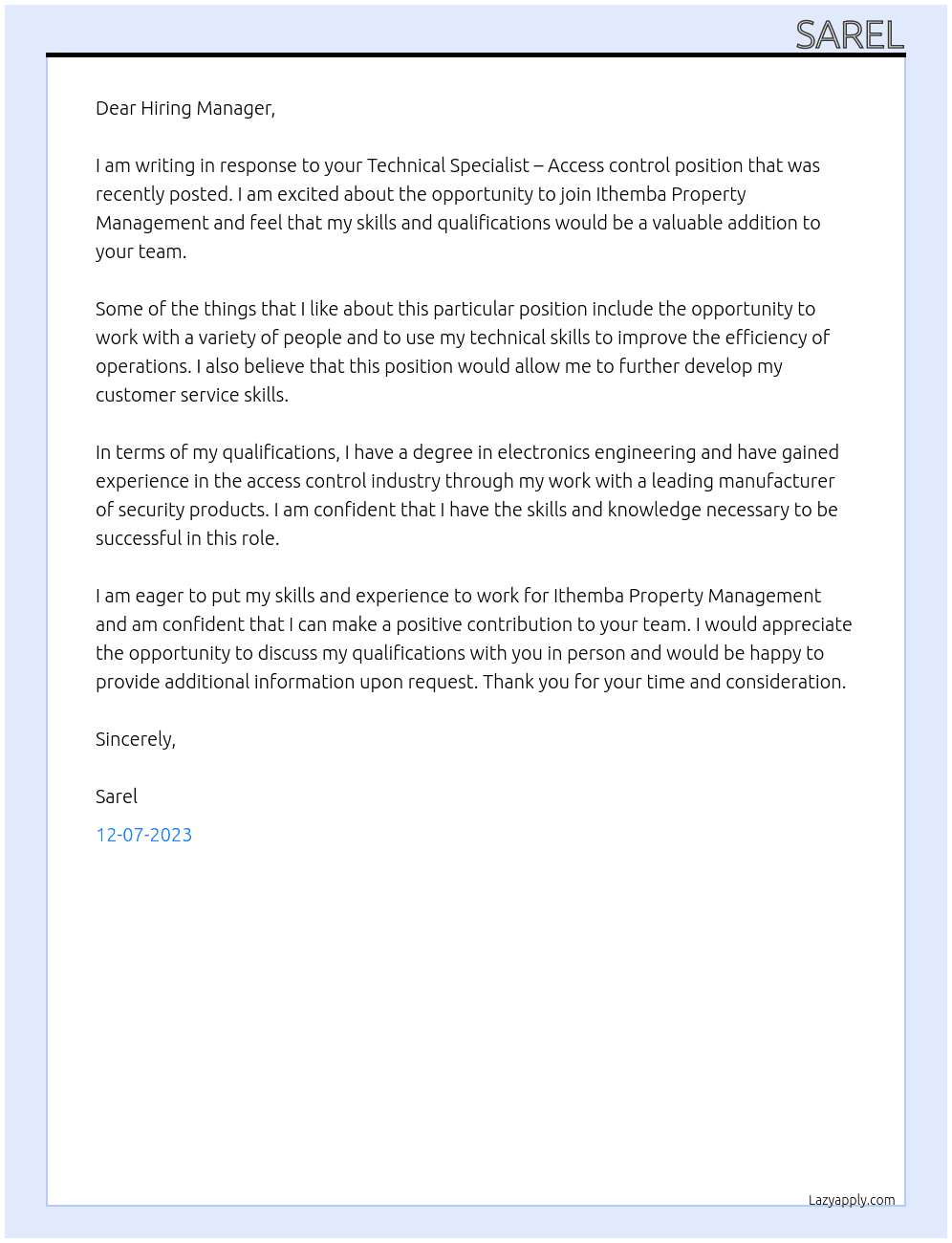 Technical Specialist – Access control At Ithemba Property Management Cover Letter
