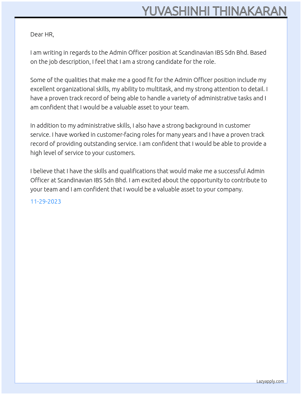 Admin Officer At Scandinavian IBS Sdn Bhd Cover Letter