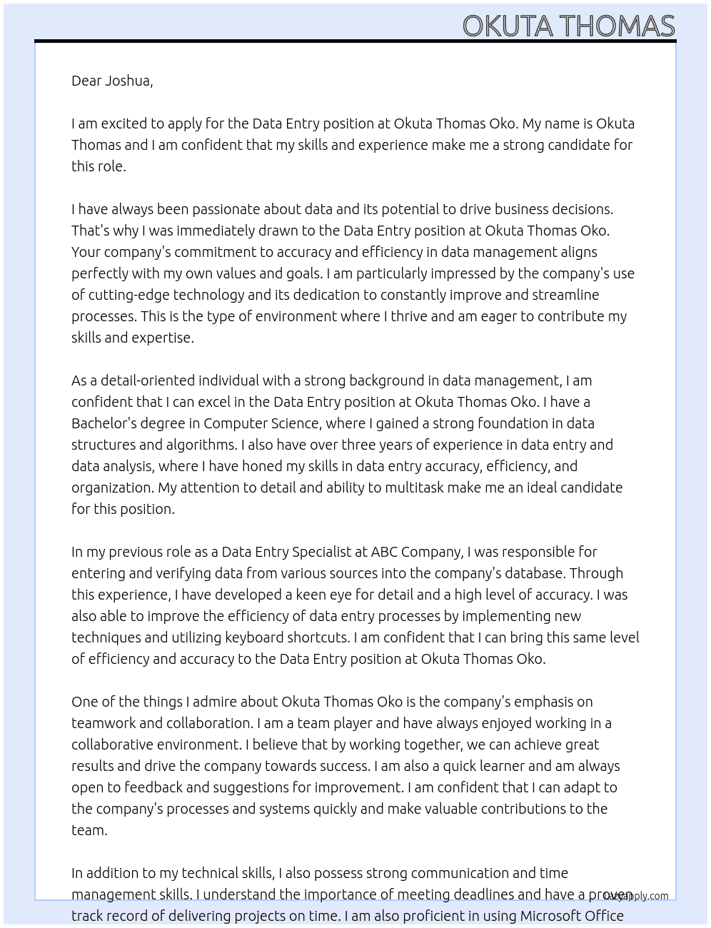 Data Entry At Okuta Thomas Oko Cover Letter