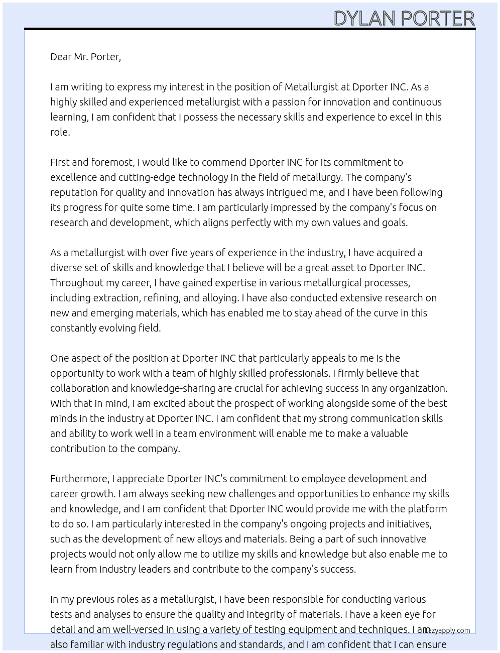 Metallurgist At Dporter INC Cover Letter