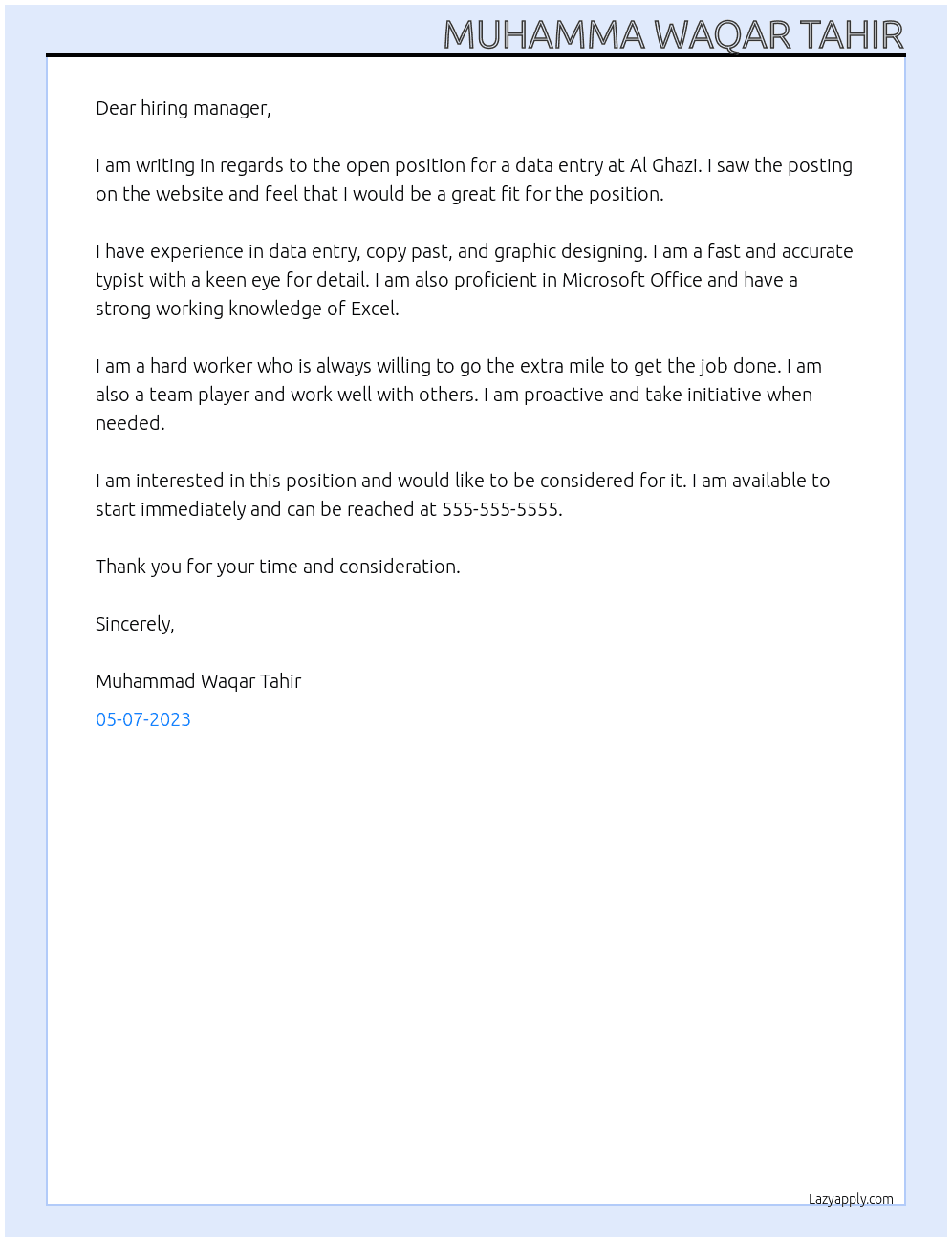 data entry At Al Ghazi Cover Letter