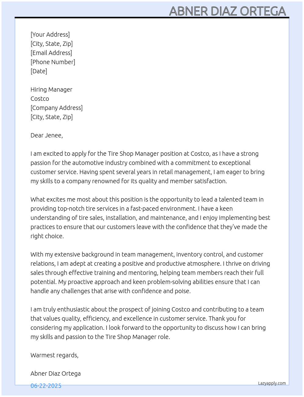 Cover letter for tire shop manager - LazyApply