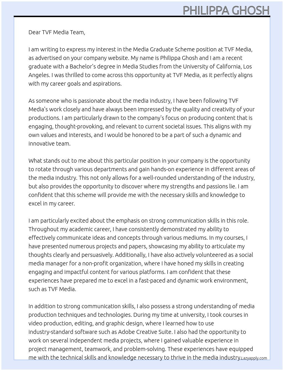 Cover letter for media graduate scheme - LazyApply