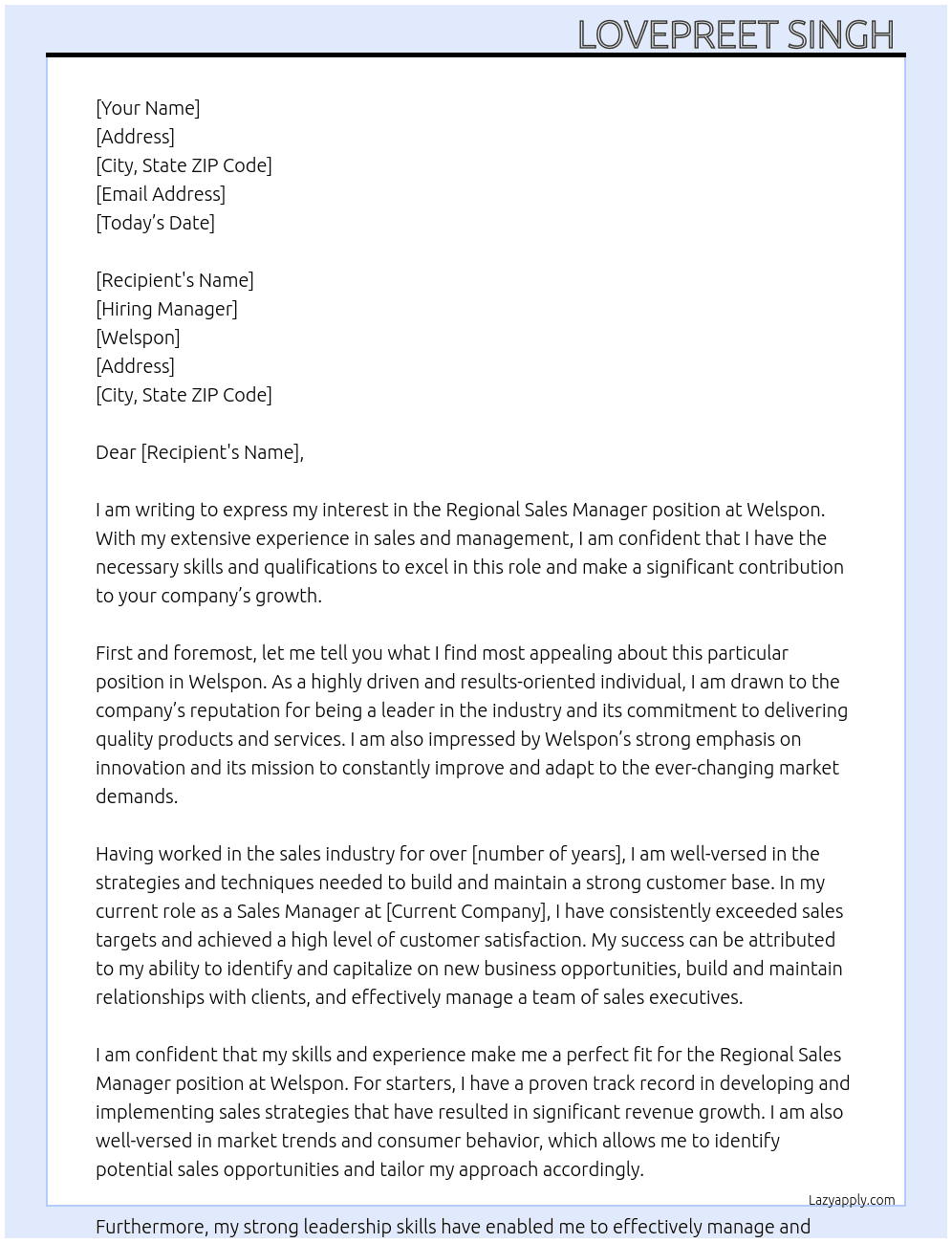 Regional sales manager  At Welspon Cover Letter