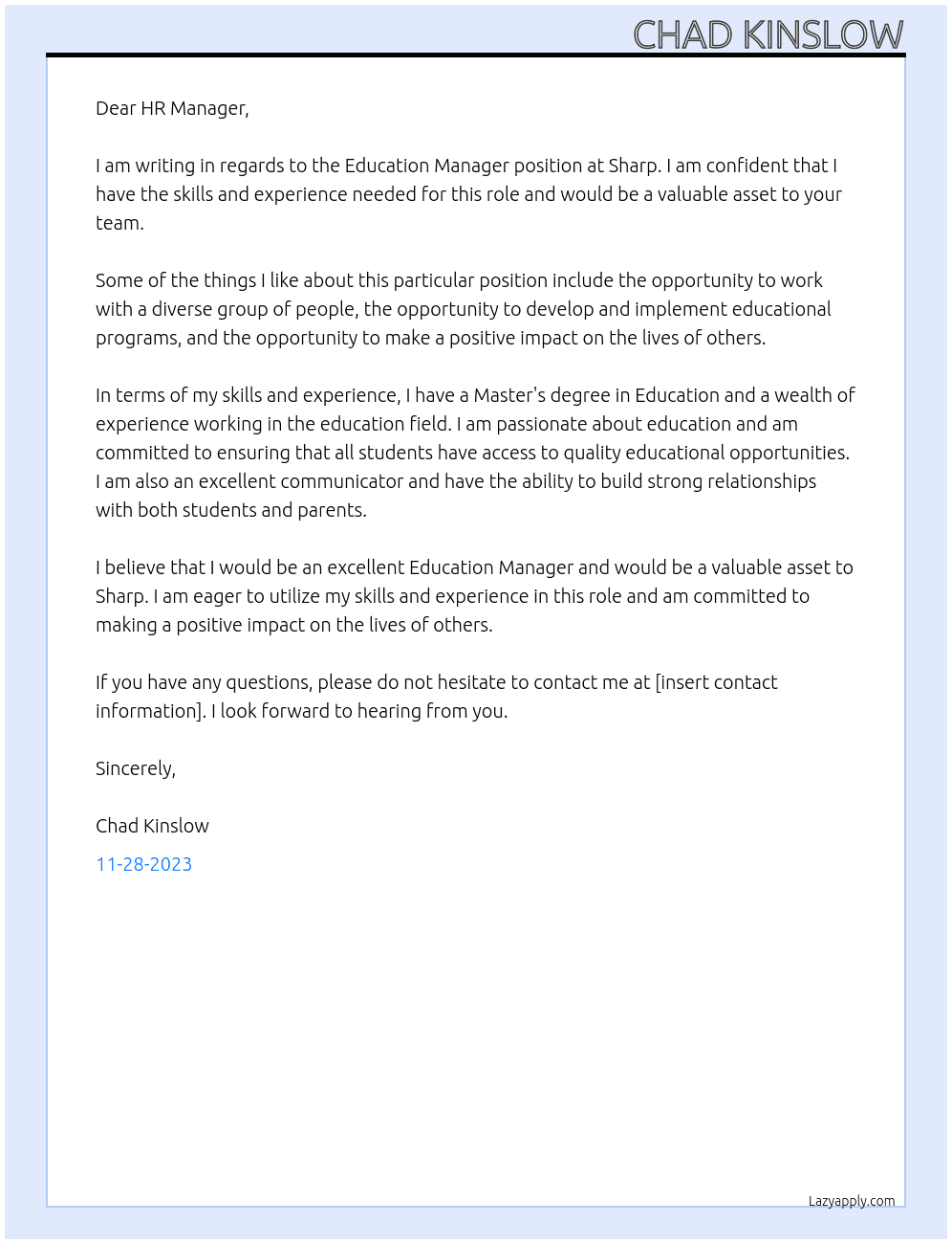 Education Manager At Sharp Cover Letter