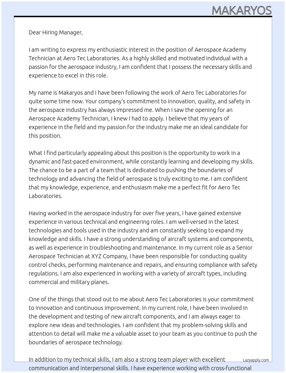 Aerospace Academy Technician  At Aero Tec Laboratories  Cover Letter