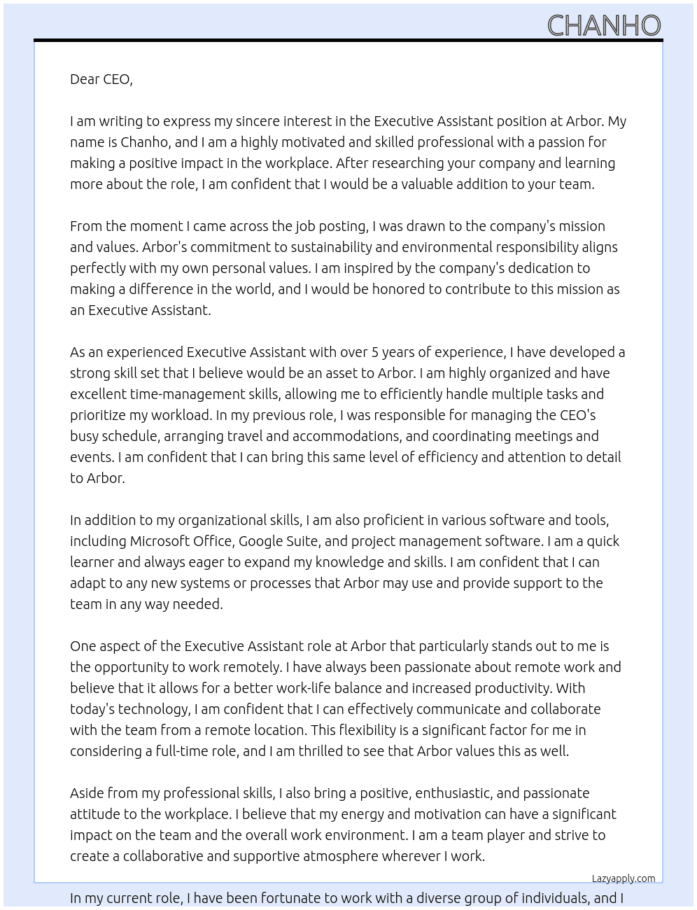 Executive Assistant At Arbor Cover Letter