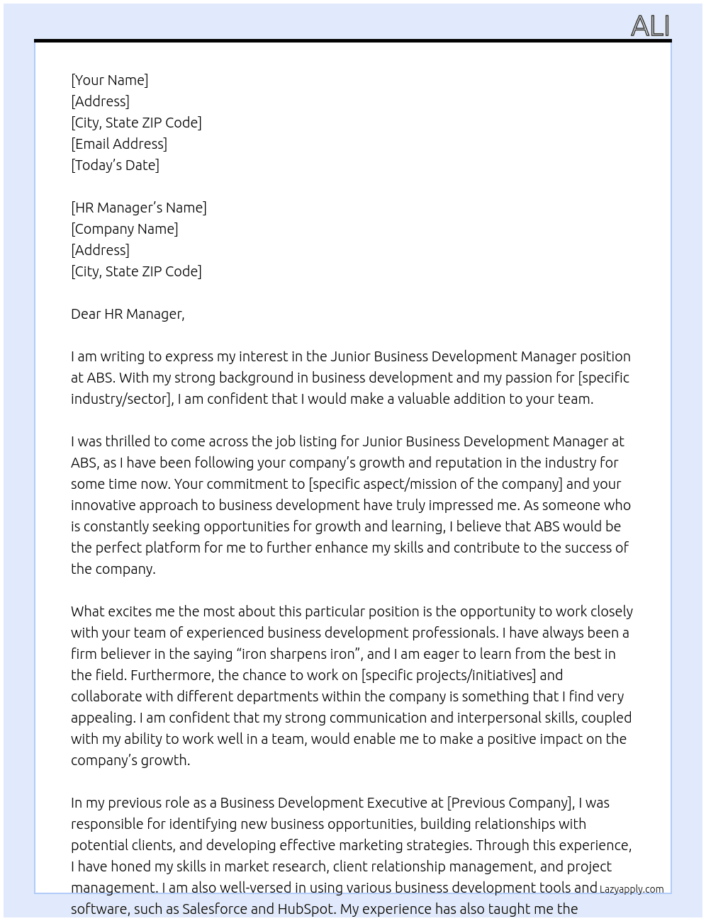 Junior Business Development Manager At ABS Cover Letter