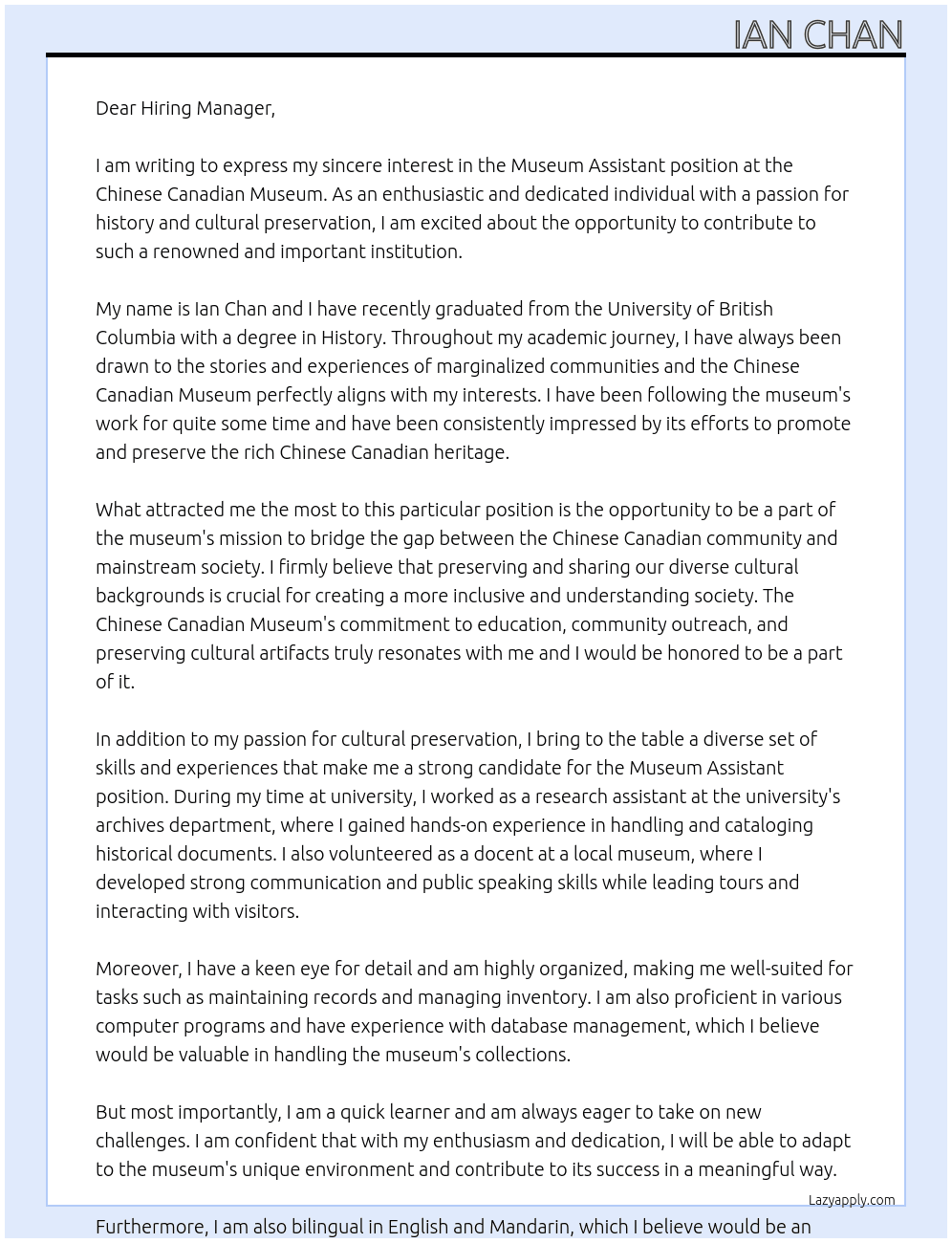 Museum Assistant At Chinese Canadian Museum Cover Letter