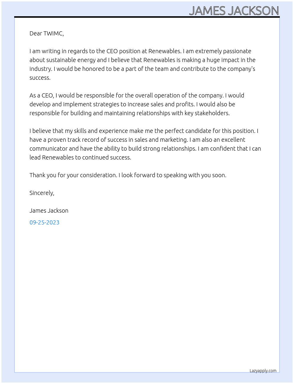 CEO At Renewables Cover Letter