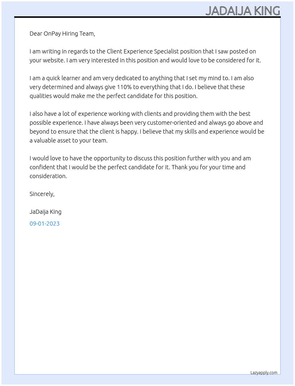 Client Experience Specialist  At OnPay Cover Letter