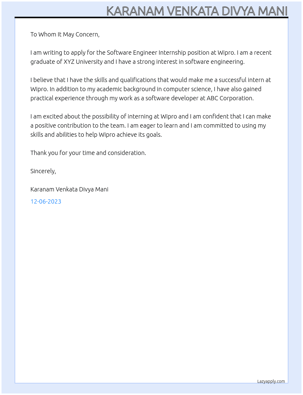 Software Engineer Internship At Wipro Cover Letter