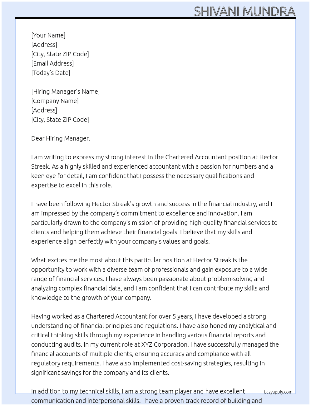chartered accountant At hector streak Cover Letter
