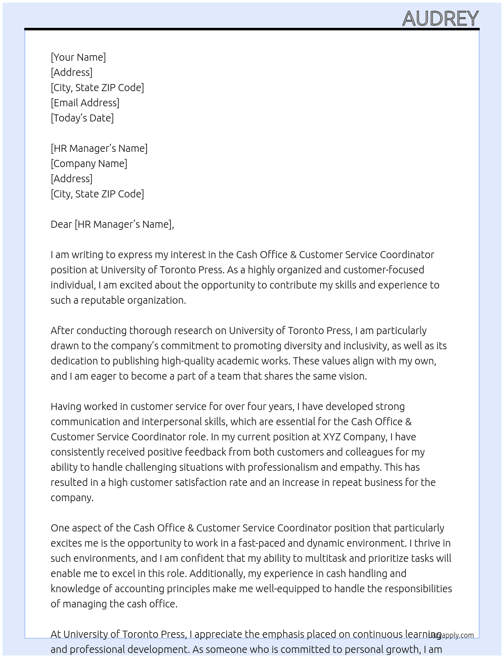 Cash Office & Customer Service Coordinator At University of Toronto Press Cover Letter