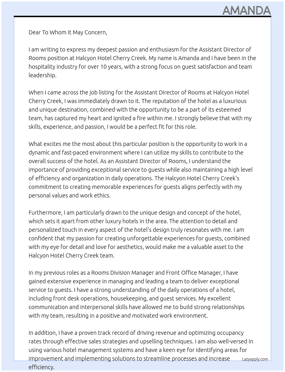 Assistant Director of Rooms At Halcyon Hotel Cherry Creek Cover Letter