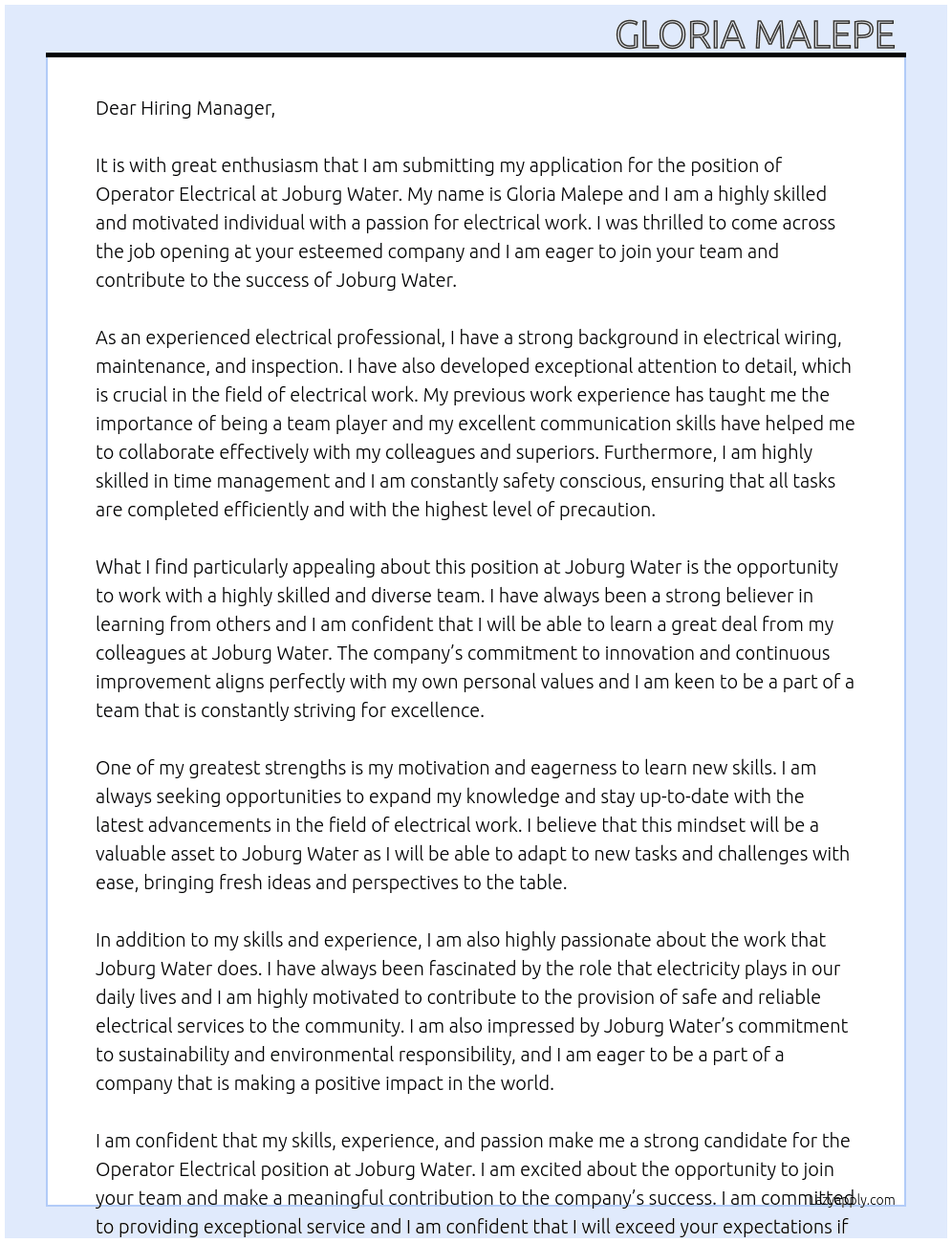 Operator Electrical  At Joburg Water Cover Letter