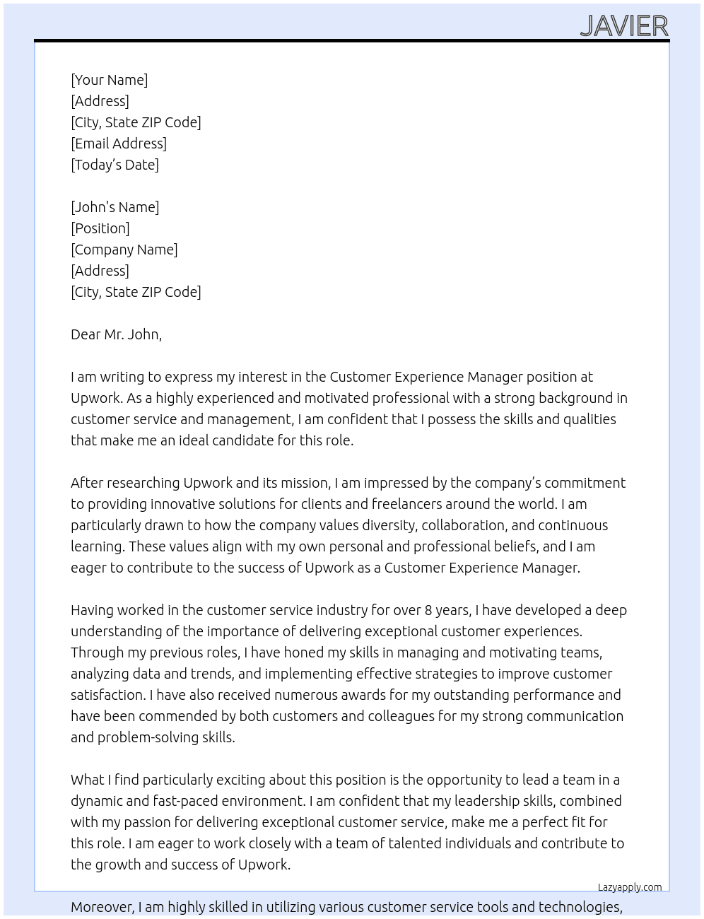 Customer Experience Manager At Upwork Cover Letter