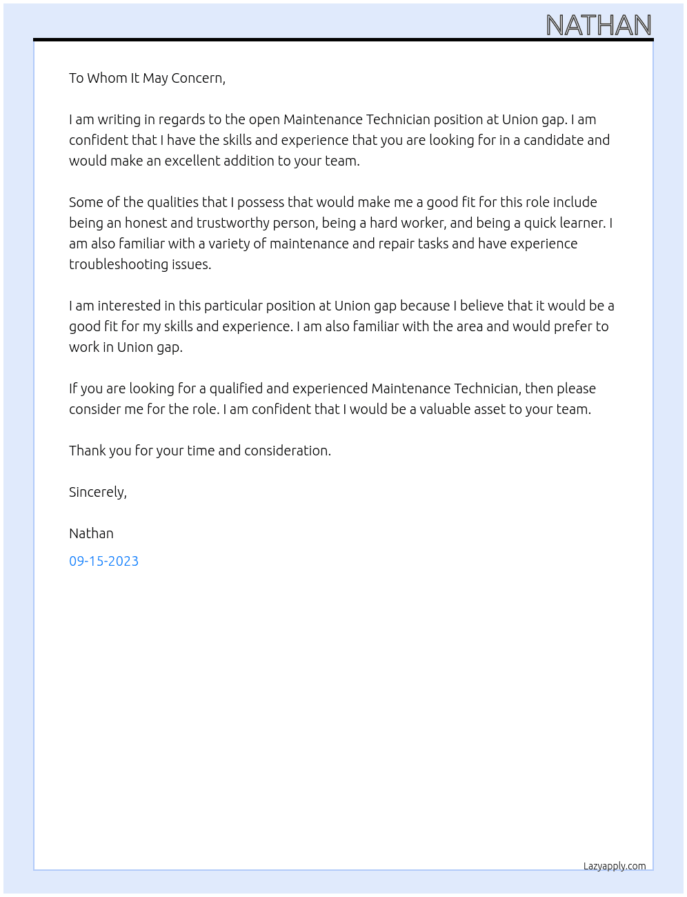 Maintenance technician  At Union gap Cover Letter